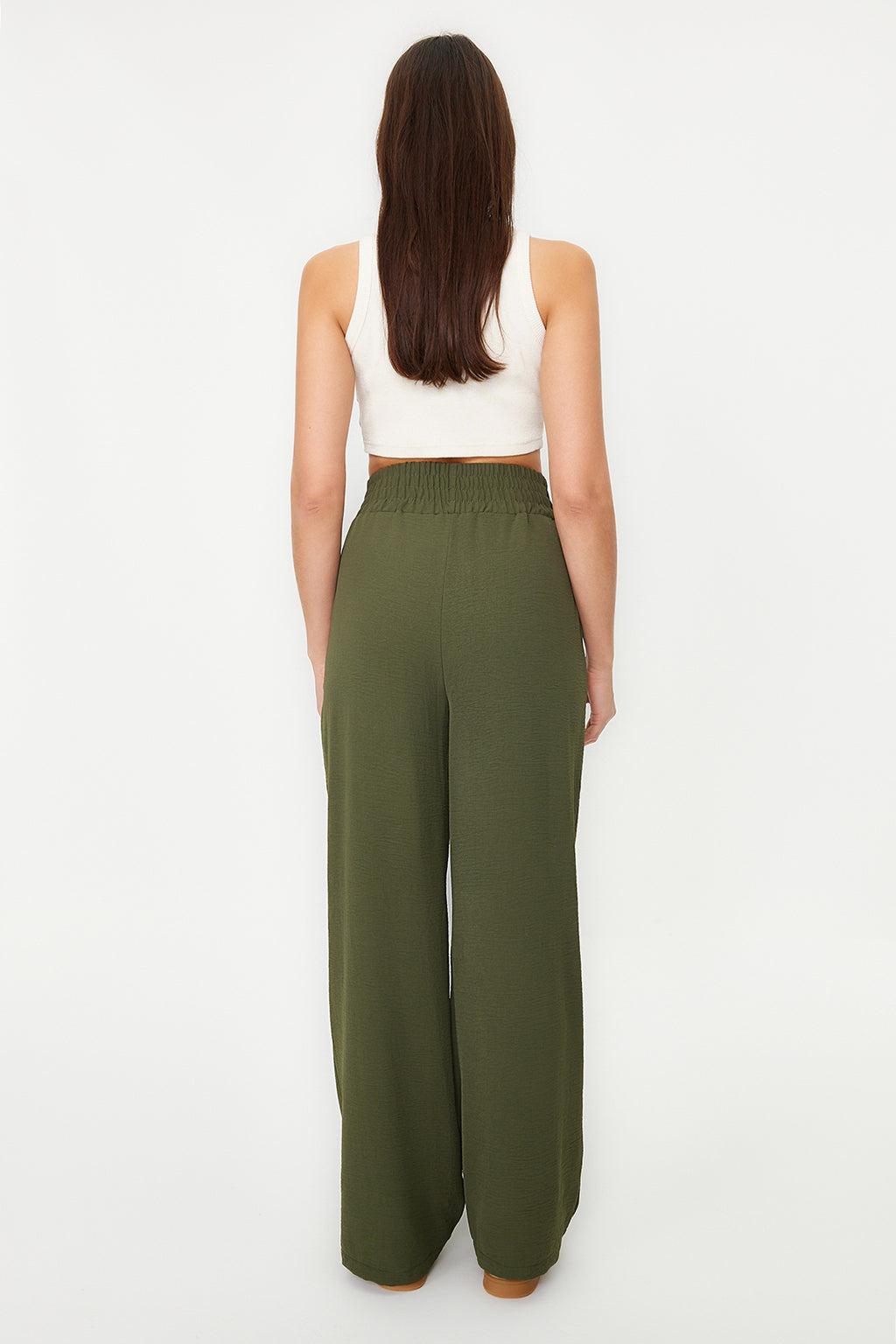 Trendyolmilla Haki Wide Leg/Geniş Paça Beli Lastikli Dokuma Pantolon TWOSS22PL00024