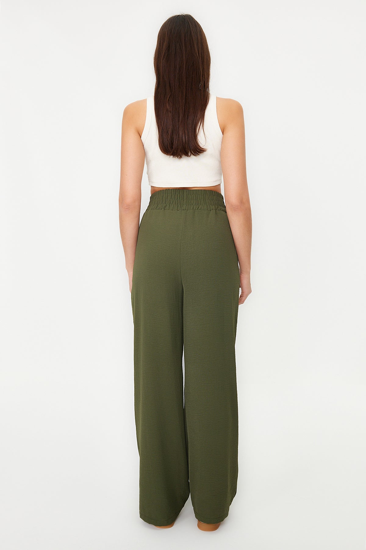 Trendyolmilla Haki Wide Leg/Geniş Paça Beli Lastikli Dokuma Pantolon TWOSS22PL00024