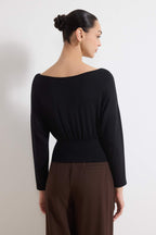 Siyah Fitted/Vücuda Oturan Kayık Yaka Uzun Kollu Premium Yumuşak Örme Bluz TWOSS26BZ00344