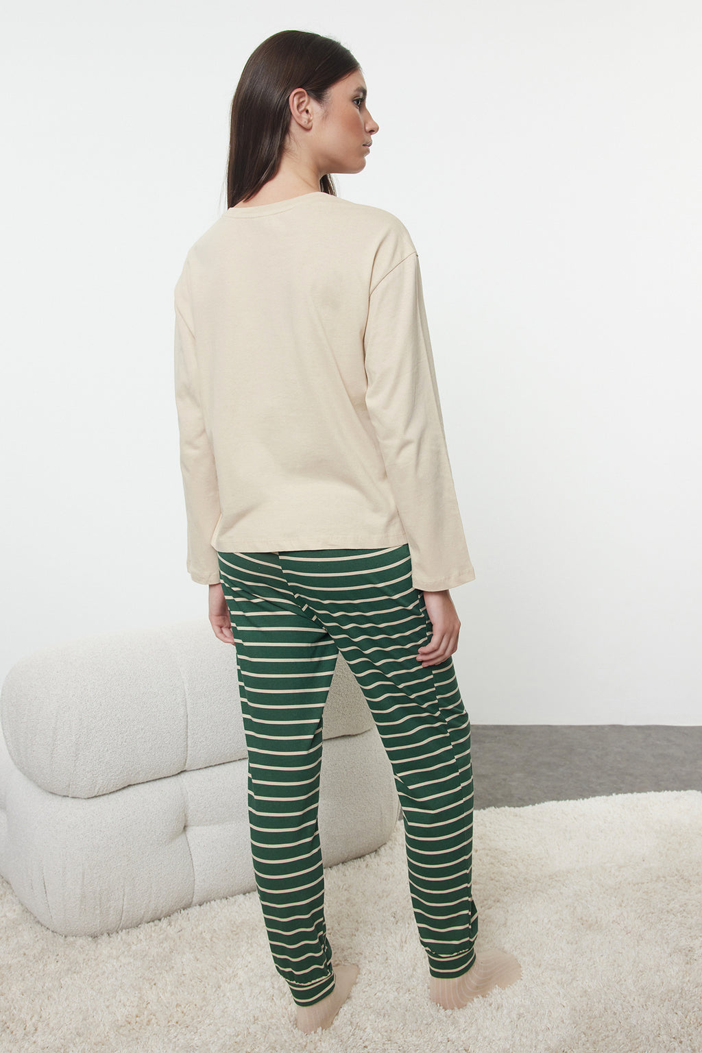 Trendyolmilla Kadın Couple/Çift Lacivert %100 Pamuklu Çizgili Yılbaşı Temalı Örme Pijama Takımı THMAW25PT00164