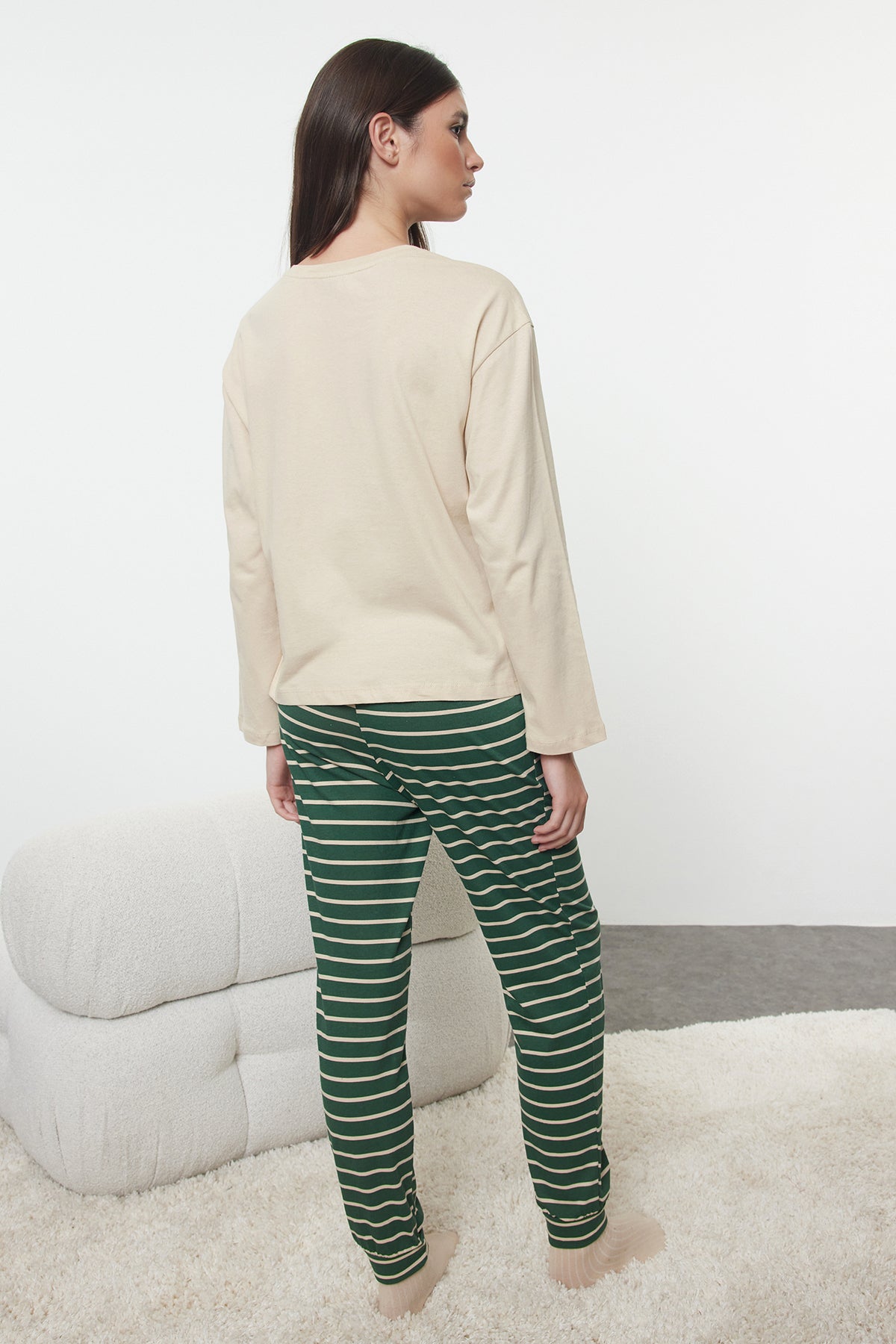 Trendyolmilla Kadın Couple/Çift Lacivert %100 Pamuklu Çizgili Yılbaşı Temalı Örme Pijama Takımı THMAW25PT00164