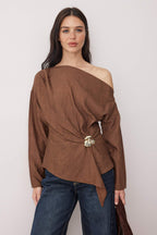 Trendyolmilla Ördek Başı Yeşili Aksesuar Detaylı Düşük Omuz Dokuma Bluz TWOAW26BZ00280