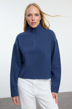 Trendyolmilla Mavi Selanik/Triko Görünümlü Fermuarlı Yaka Regular/Normal Kalıp Örme Sweatshirt TWOAW22SW0732