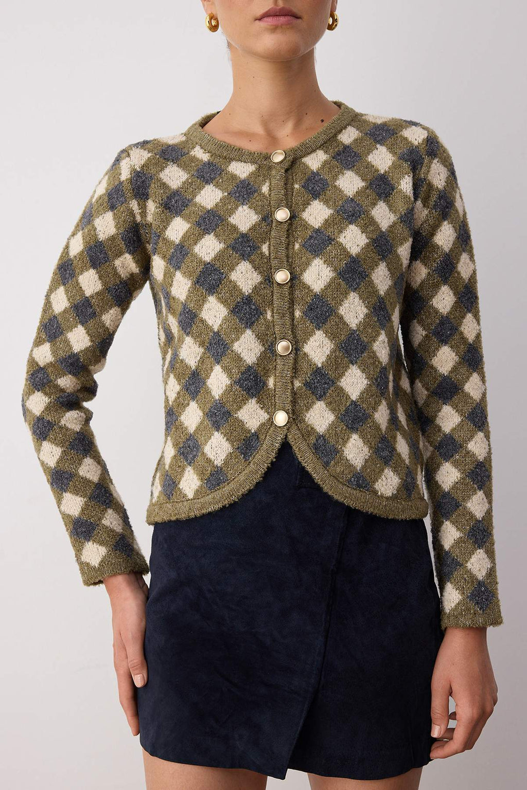 Trendyolmilla Kahverengi Baklava/Ekose Desenli Bisiklet Yaka Crop Triko Hırka TWOAW26HI00239
