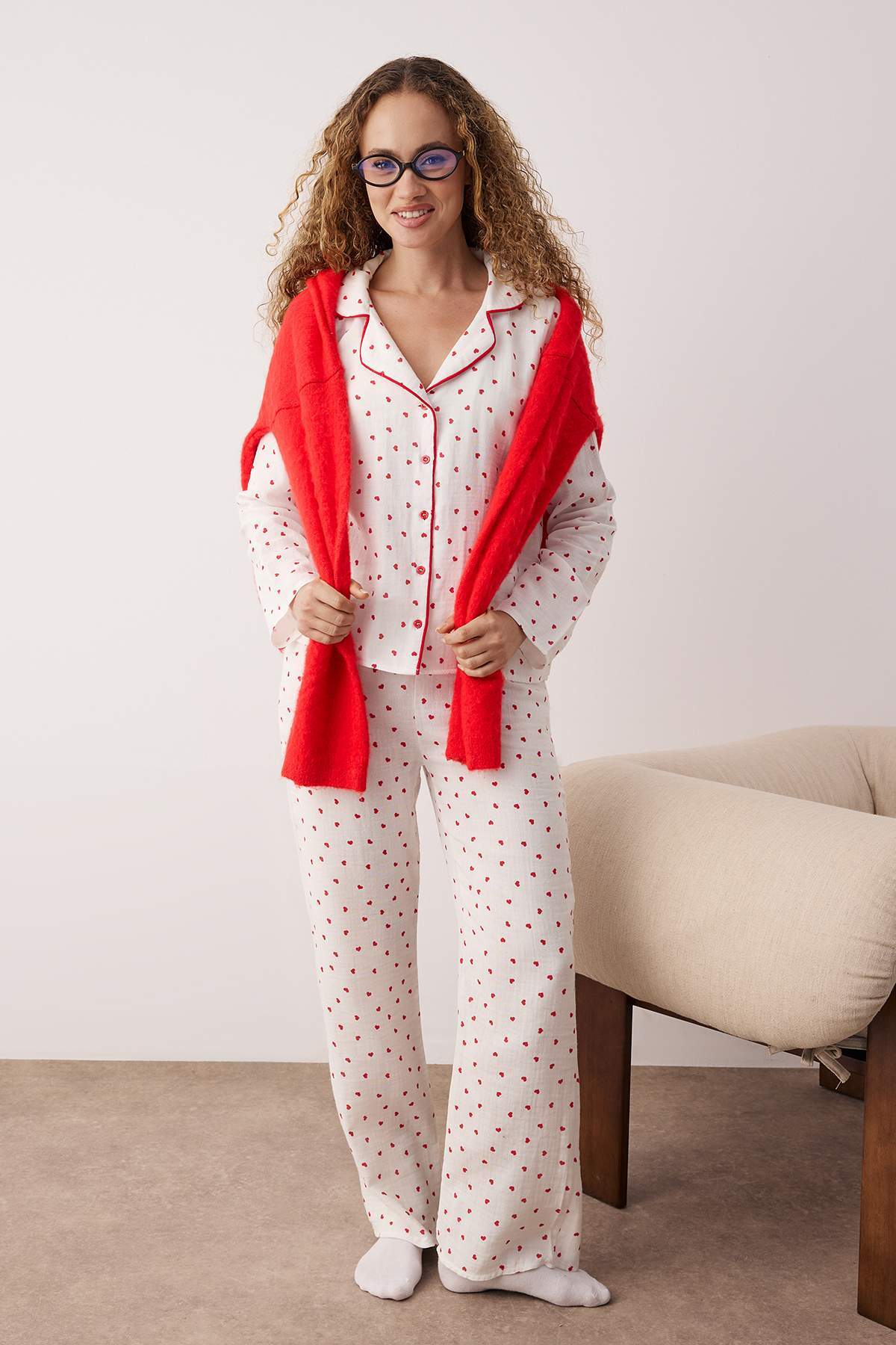 Trendyolmilla Ekru %100 Pamuklu Kalpli Müslin Kumaş Dokuma Pijama Takımı THMAW26PT00110 Secondary image