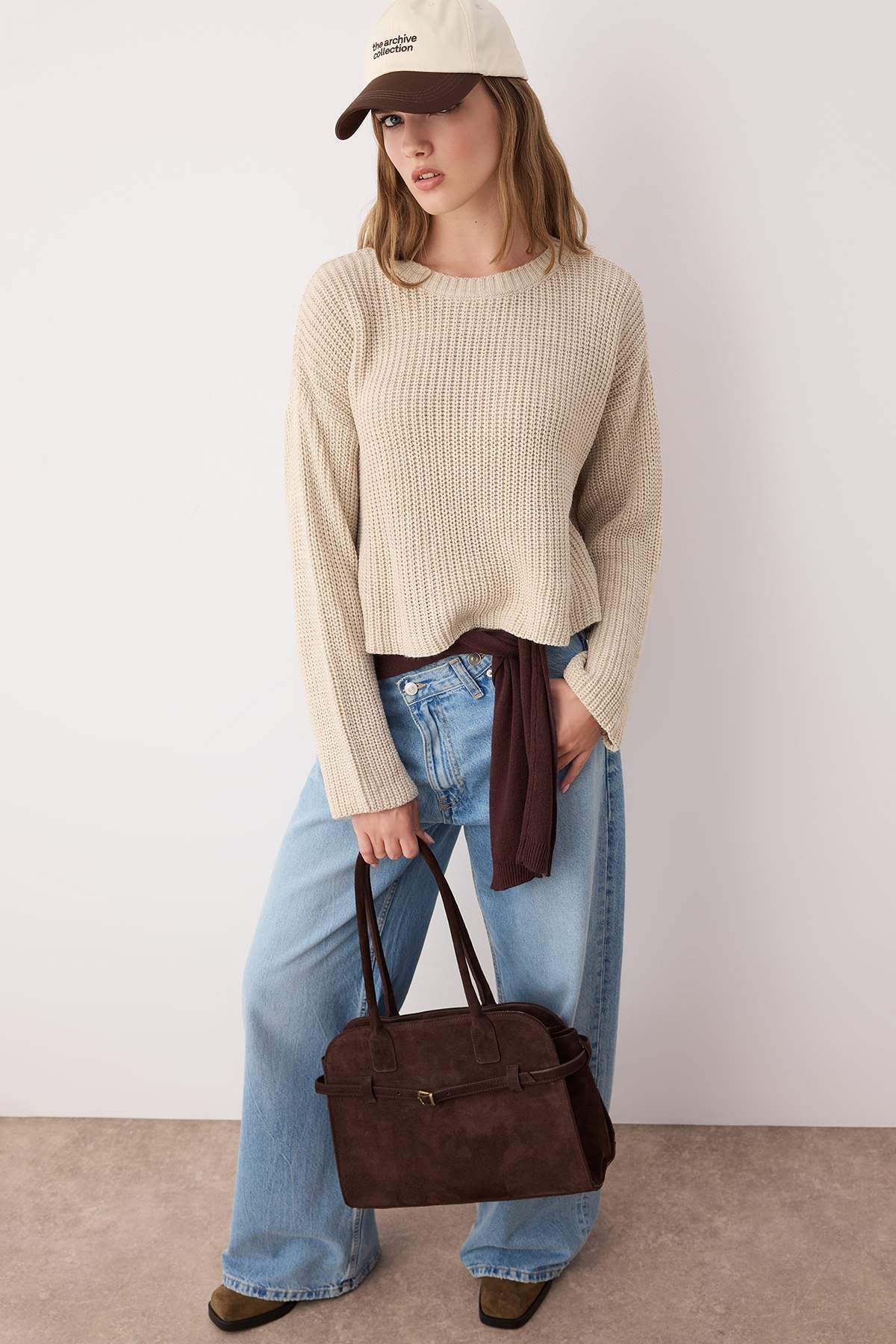 Trendyolmilla Bordo Crop Basic Geniş Kalıp Çizgili Triko Kazak TWOAW23KZ00390