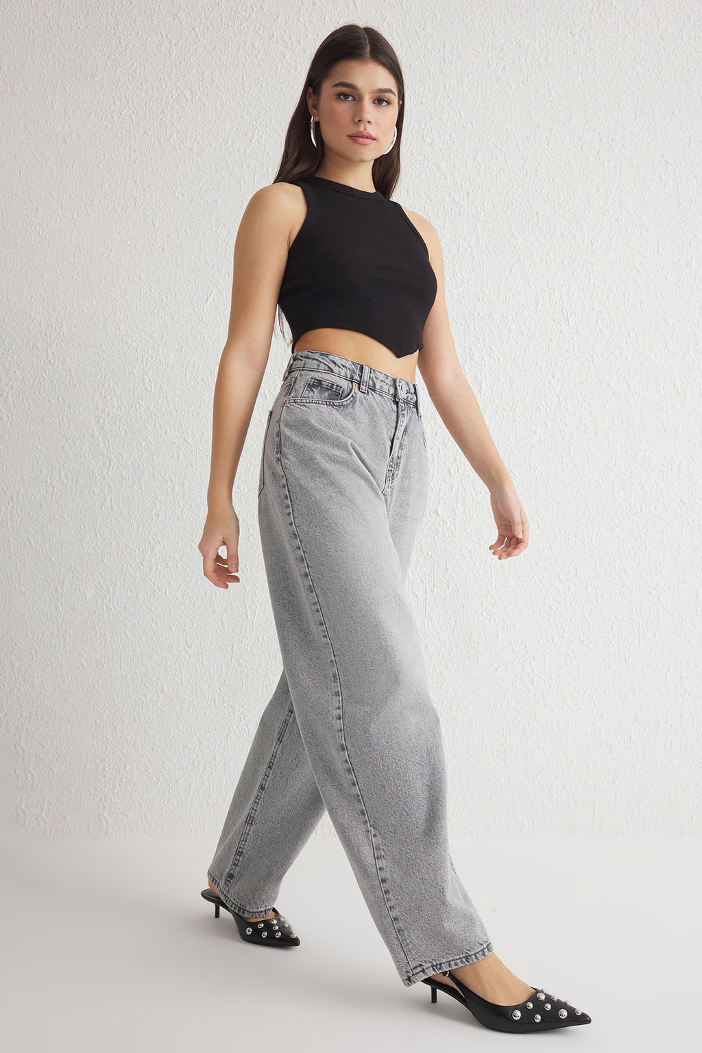 Trendyolmilla Gri Yüksek Bel Loose Baggy Jeans TWOSS25JE00063