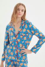 Trendyolmilla Mavi %100 Pamuklu Yılbaşı Temalı Örme Pijama Takımı THMAW22PT1204
