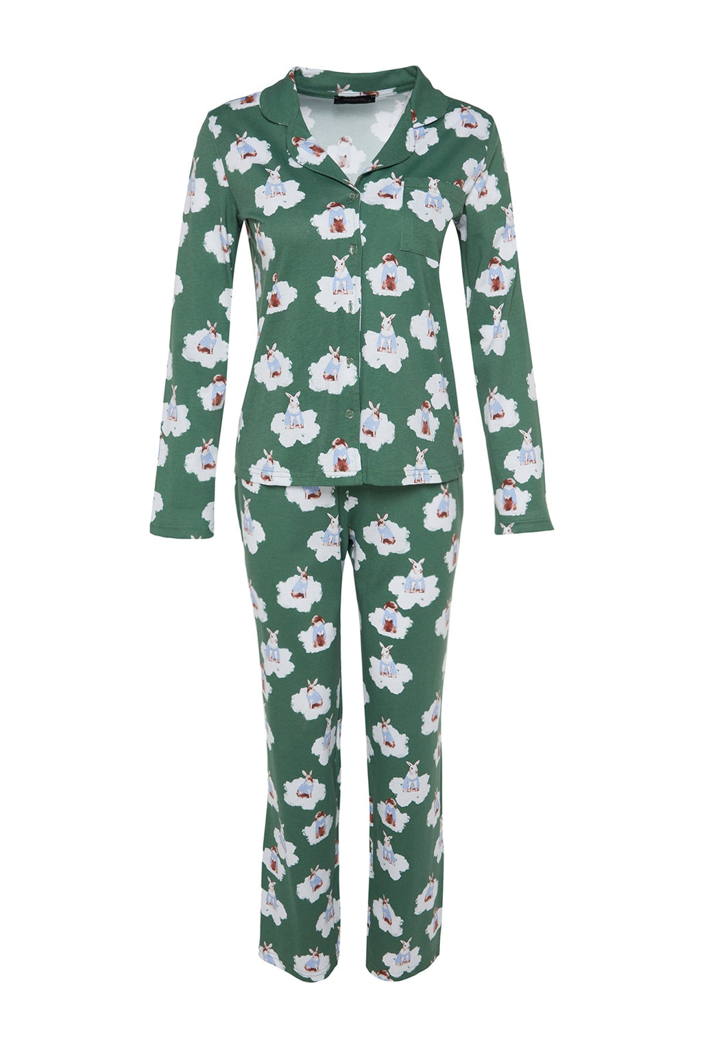 Trendyolmilla Koyu Yeşil %100 Pamuklu Tavşan Desenli Gömlek-Pantolon Örme Pijama Takımı THMAW24PT00002