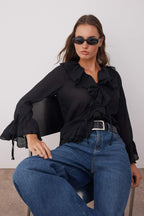 Trendyolmilla Gri Fırfırlı Bohem İnce Pamuklu Kumaş Uzun Kol Dokuma Bluz TWOSS25BZ00551