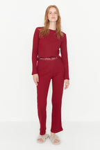 Trendyolmilla Bordo Slogan Lastik Detaylı Fitilli Örme Pijama Takımı THMAW21PT0269