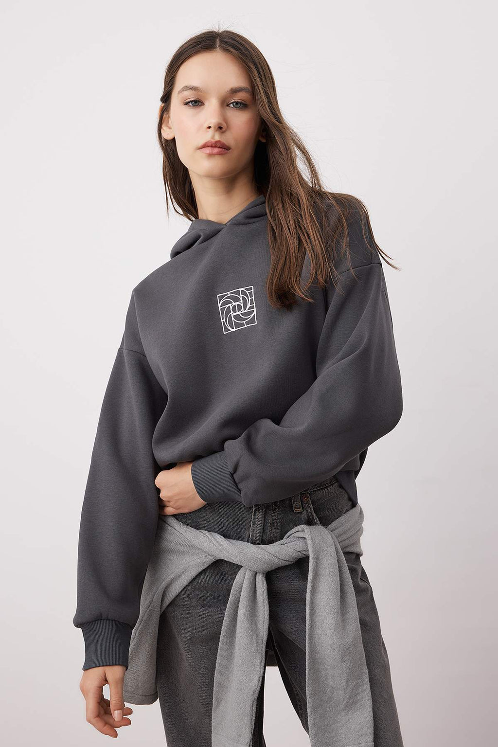 Trendyolmilla Saks Oversize/Geniş Kalıp Nakışlı Kalın İçi Polarlı Örme Sweatshirt TWOAW25SW00070