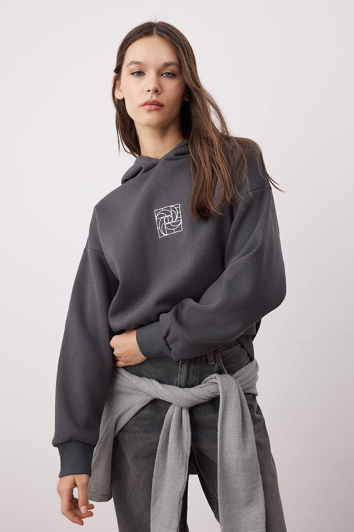 Trendyolmilla Saks Oversize/Geniş Kalıp Nakışlı Kalın İçi Polarlı Örme Sweatshirt TWOAW25SW00070