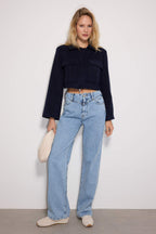 Trendyolmilla Koyu Mavi Bel Detaylı Yüksek Bel Wide Leg Jeans TWOSS21JE0385