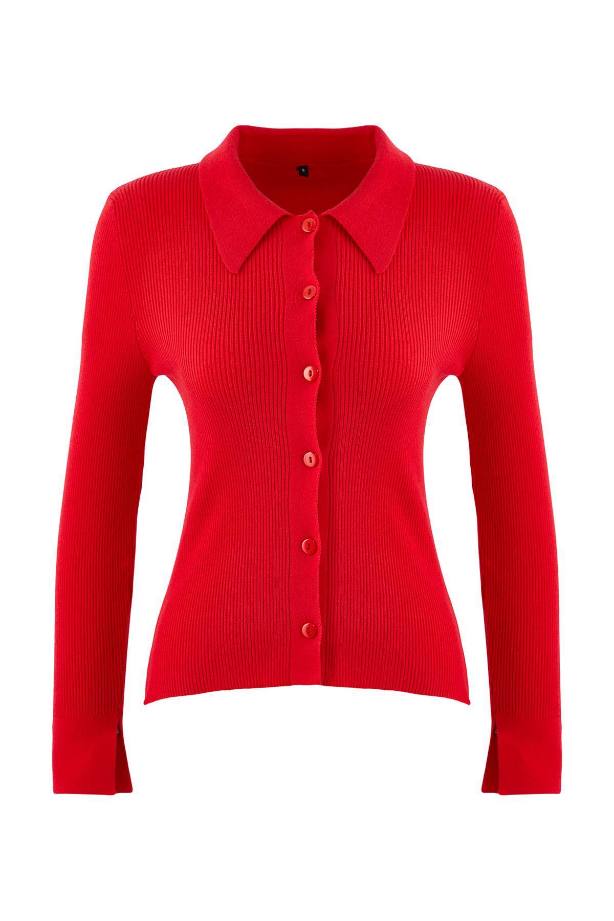 Trendyolmilla Wardrobe Essentials Kırmızı Premium İplik Polo Yaka Triko Hırka | TWOAW26HI00225