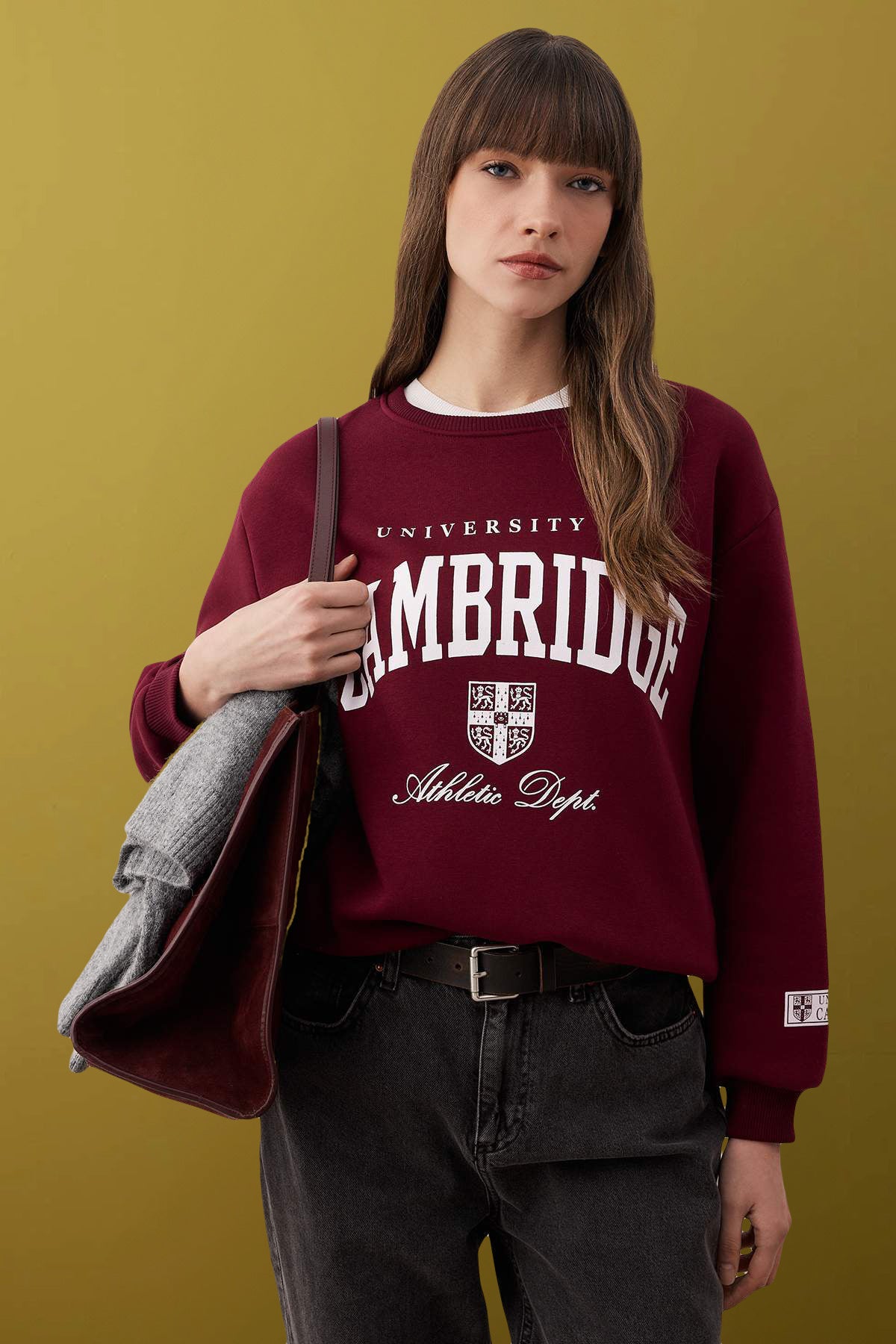 Bordo Slogan Baskılı Bisiklet Yaka Relaxed Örme Sweatshirt TWOAW26SW00220 Main image