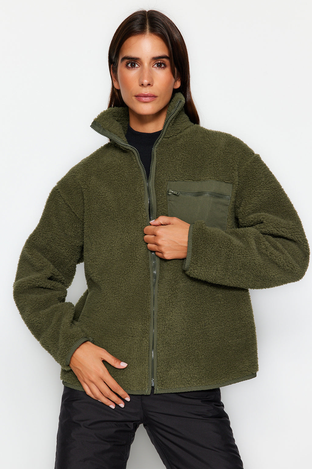 Trendyolmilla Winter Essentials Indigo Kalın Polar Fermuarlı Dik Yaka Cepli Örme Sweatshirt TWOAW24SW00071