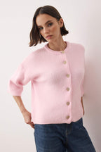 Trendyolmilla Wardrobe Essentials Vizon Yumuşak Dokulu Geniş Kalıp Kısa Kol Basic Triko Hırka | TWOAW26HI00251