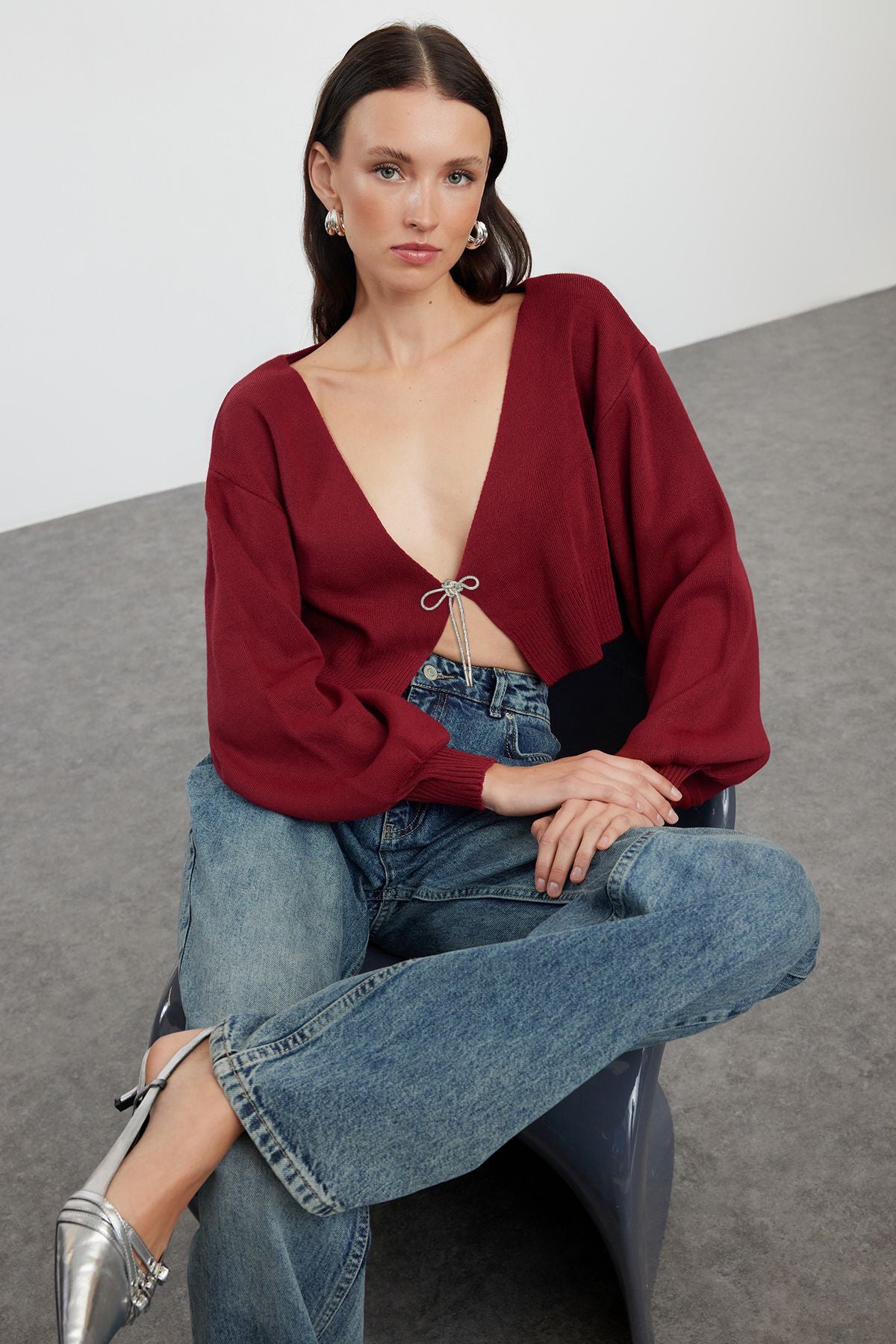 Trendyolmilla Bordo Süper Crop Basic Fiyonklu Triko Hırka TWOAW24HI00315 Main image