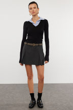 Trendyolmilla Gri Melanj Dokuma Detaylı Gömlek Yaka Regular/Normal Kalıp Örme Bluz TWOAW25BZ00035