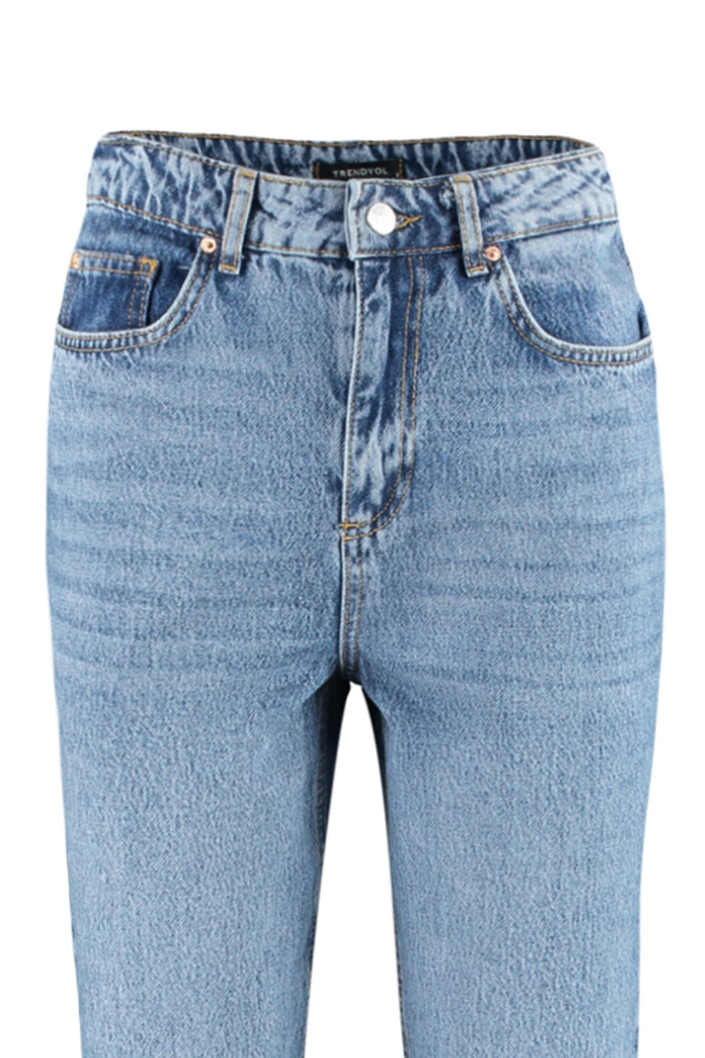 Trendyolmilla Mavi Yüksek Bel Düz Kesim Straight %100 Pamuk Non-Stretch Jeans TWOSS23JE00089