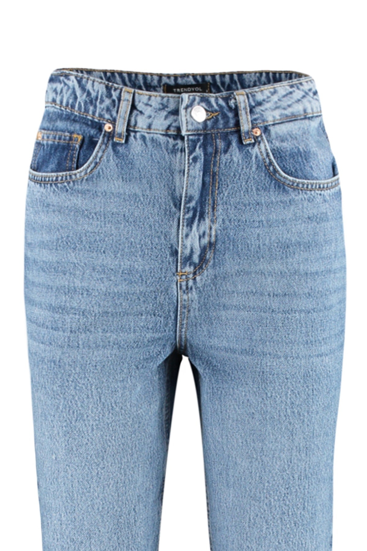 Trendyolmilla Mavi Yüksek Bel Düz Kesim Straight %100 Pamuk Non-Stretch Jeans TWOSS23JE00089