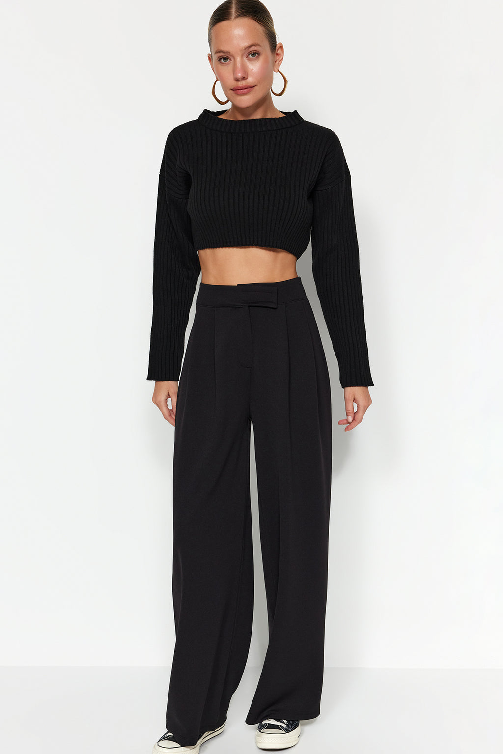 Trendyolmilla Yunus Gri Cırt Cırt Kapamalı Yüksek Bel Pileli Wide Leg/Geniş Kesim Örme Pantolon TWOAW24PL00177