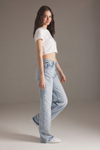 Mavi Kurdele/Fiyonk Detaylı Taşlı Normal Bel Wide Leg Geniş Paça Jeans TWOSS25JE00234