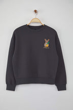 Trendyolmilla Siyah Animal Nakışlı Regular/Normal Kalıp Kalın İçi Polarlı Örme Sweatshirt TWOAW24SW00196