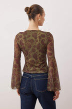 Trendyolmilla Çok Renkli Boho/Boho Chic Baskılı V yaka İspanyol Kol Tül Esnek Örme Bluz TWOAW26BZ00239