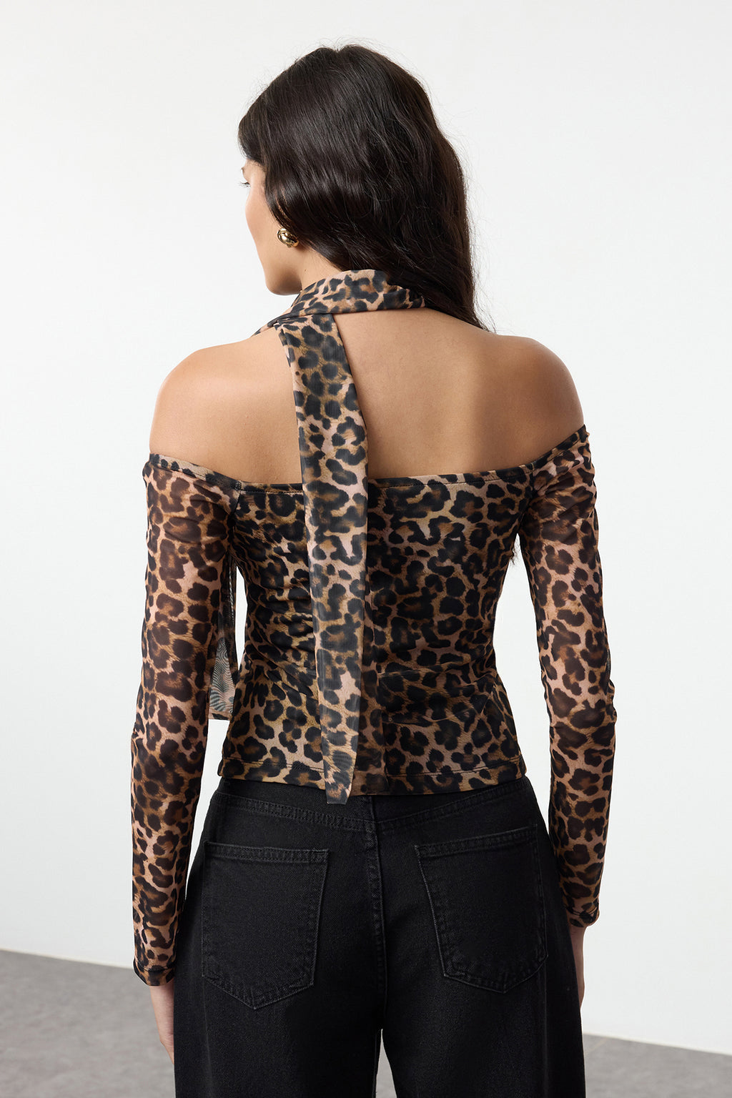 Çok Renkli Fularlı Animal Baskılı Tül Fitted/Vücuda Oturan Esnek Örme Bluz TWOAW25BZ00251