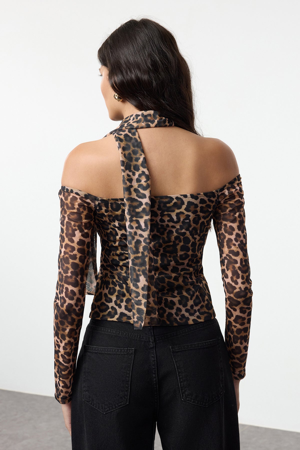 Çok Renkli Fularlı Animal Baskılı Tül Fitted/Vücuda Oturan Esnek Örme Bluz TWOAW25BZ00251