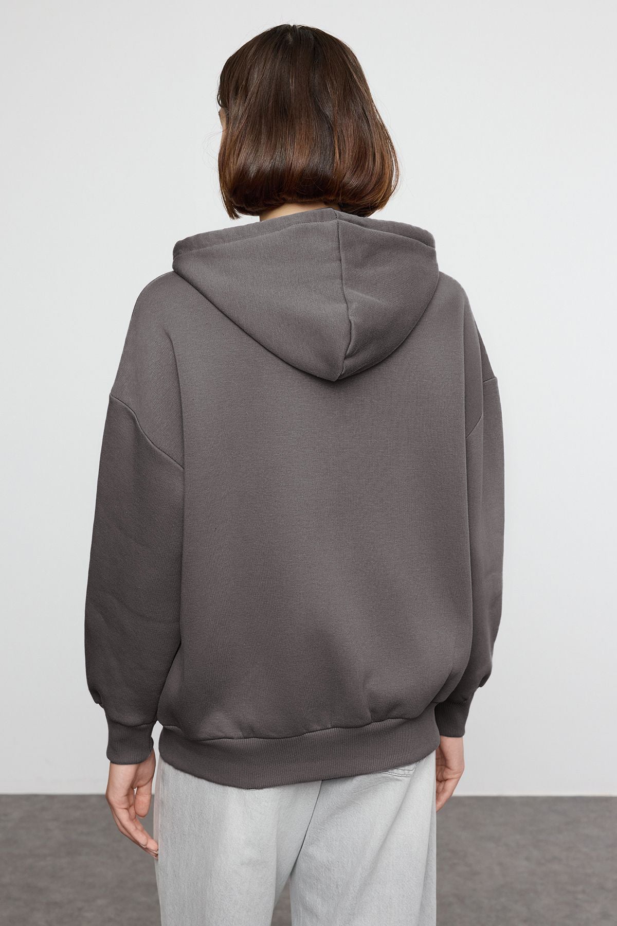 Trendyolmilla Bordo Oversize/Rahat Kesim Fermuarlı Kalın İçi Polarlı Örme Sweatshirt TWOAW24SW00188