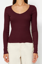 Trendyolmilla Bordo-Taş 2'li Paket V Yaka Fitted/Vücuda Oturan Pamuklu Esnek Örme Bluz TWOAW24BZ00068