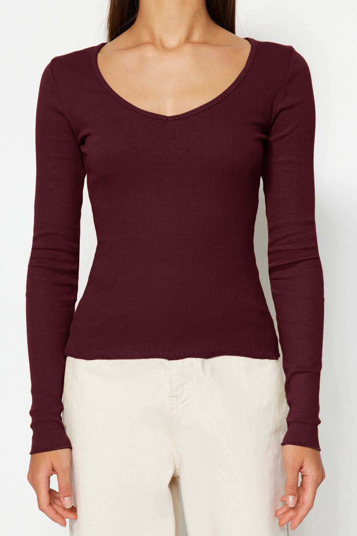 Trendyolmilla Bordo-Taş 2'li Paket V Yaka Fitted/Vücuda Oturan Pamuklu Esnek Örme Bluz TWOAW24BZ00068