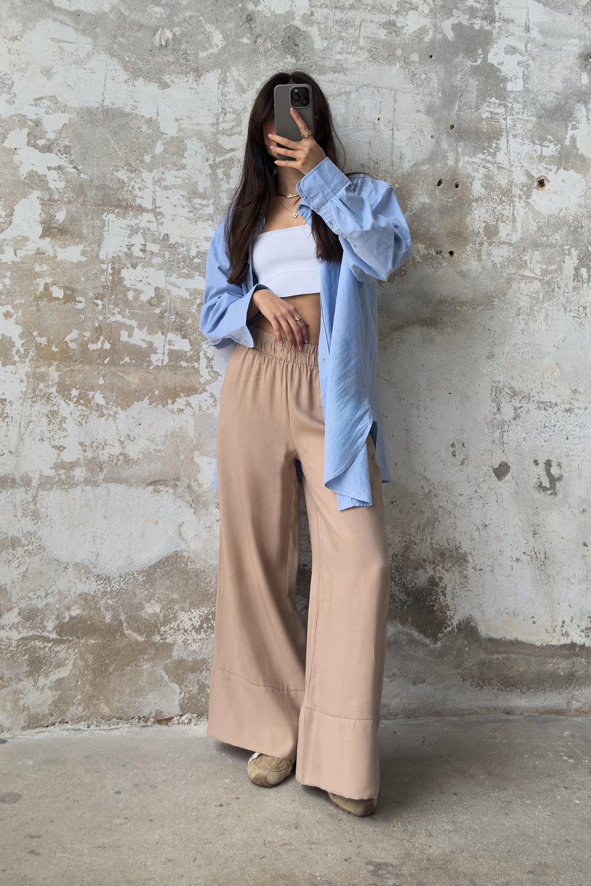 Trendyolmilla Vizon Modal Cep Detaylı Wide Leg/Geniş Paça Pileli Dokuma Pantolon TWOSS25PL00081 Palazzo Main image