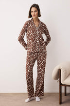 Trendyolmilla Pudra %100 Pamuklu Leopar Desenli Gömlek-Pantolon Örme Pijama Takımı THMAW21PT0489