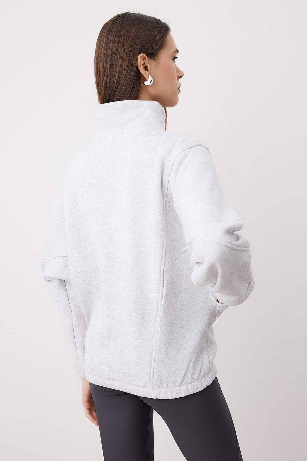 Trendyolmilla Kar Melanj Fermuarlı Dikiş Detaylı Dik Yaka Bomber Örme Sweatshirt TWOAW26SW00037