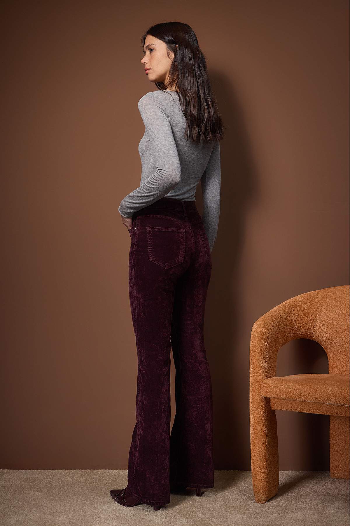 Bordo Süet Görünümlü Yüksek Bel Comfort/Esnek Flare Jeans TWOAW26JE00287