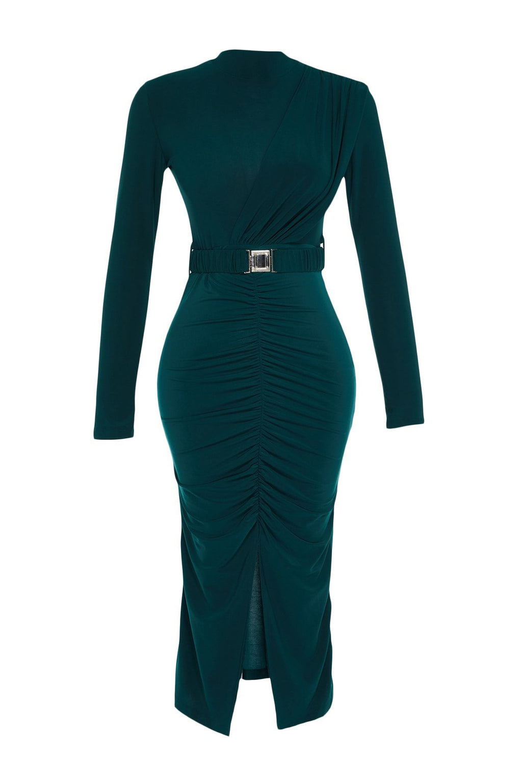 Trendyolmilla Siyah Fitted/Vücuda Oturan Dik Yaka Drapeli Kemerli Esnek Örme Kalem Elbise TWOAW22EL0434