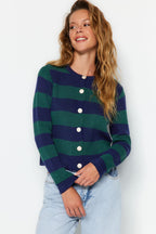 Trendyolmilla Indigo Çizgili Basic Ceket Görünümlü Triko Hırka TWOAW24HI00091