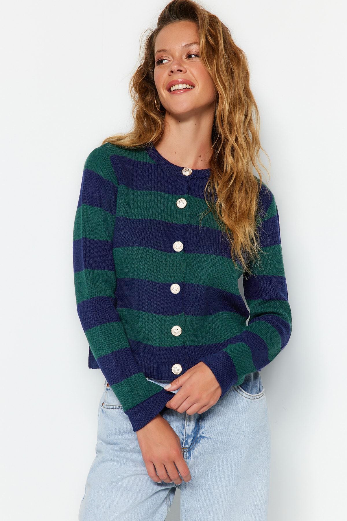 Trendyolmilla Indigo Çizgili Basic Ceket Görünümlü Triko Hırka TWOAW24HI00091