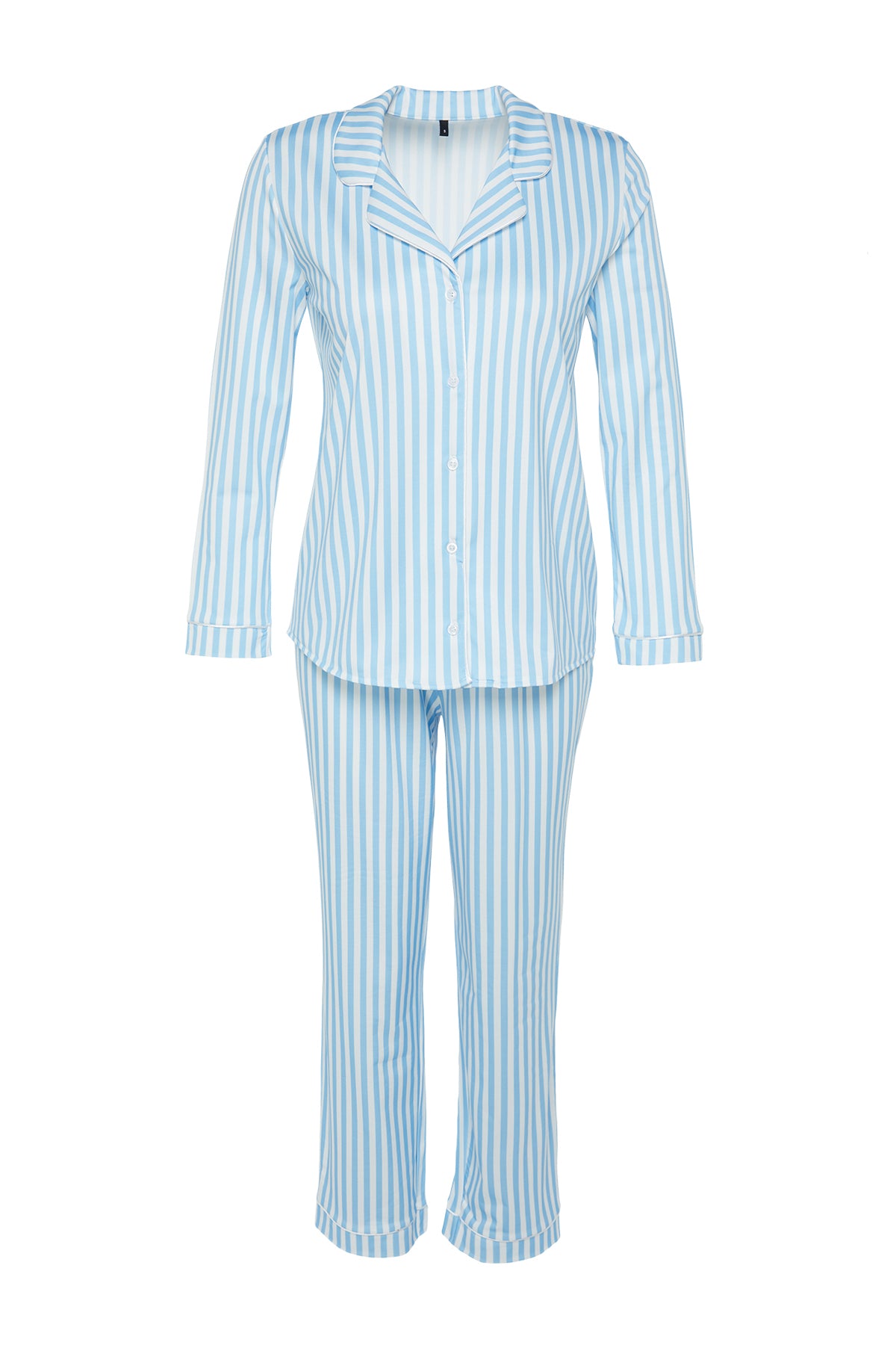 Trendyolmilla Mavi Çizgi Desenli Biyeli İçi Polarlı Gömlek-Pantolon Örme Pijama Takımı THMAW24PT00050