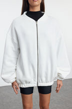 Trendyolmilla Ekru Fermuarlı Oversize/Geniş Kalıp Kalın İçi Polarlı  Örme Sweatshirt TWOAW25SW00122