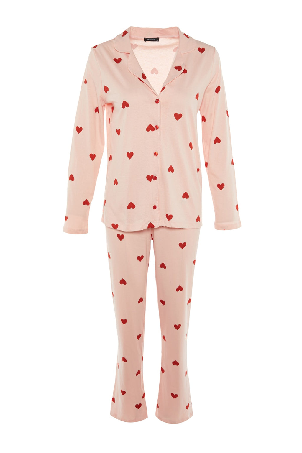 Trendyolmilla Kırmızı %100 Pamuklu Kalpli Örme Pijama Takımı THMAW21PT0548