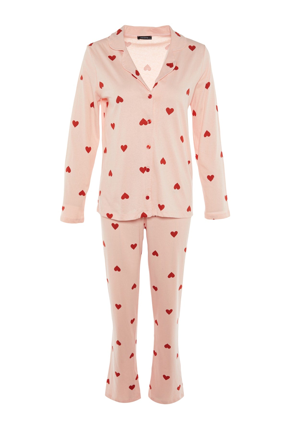 Trendyolmilla Kırmızı %100 Pamuklu Kalpli Örme Pijama Takımı THMAW21PT0548