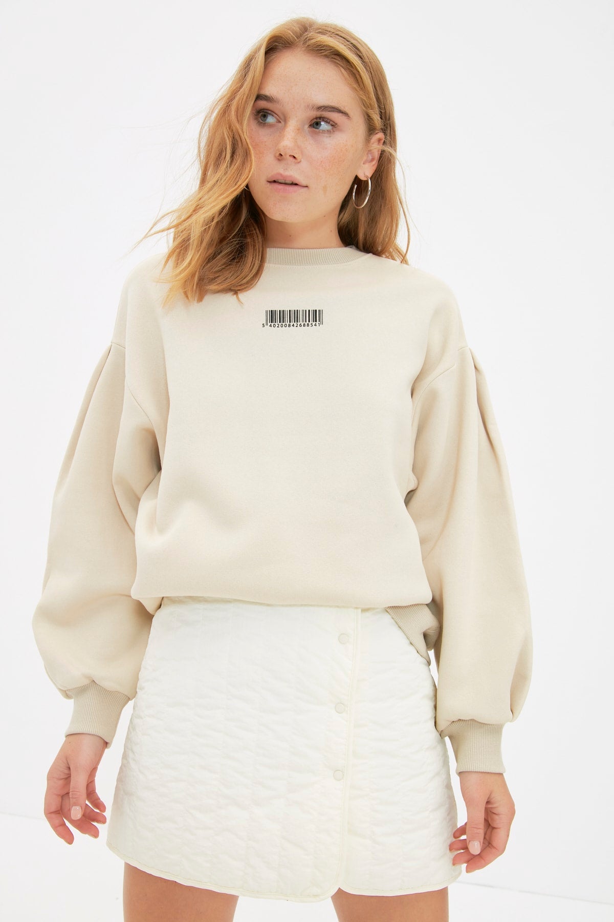 Taş Kalın İçi Polarlı Minimal Baskılı Balon Kol Örme Sweatshirt TWOAW22SW1864 Secondary image