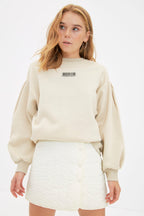Taş Kalın İçi Polarlı Minimal Baskılı Balon Kol Örme Sweatshirt TWOAW22SW1864
