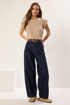 Trendyolmilla Ekru Kahverengi Kemerli Dikiş Detaylı Yüksek Bel Barrel Baggy Jeans TWOSS25JE00182