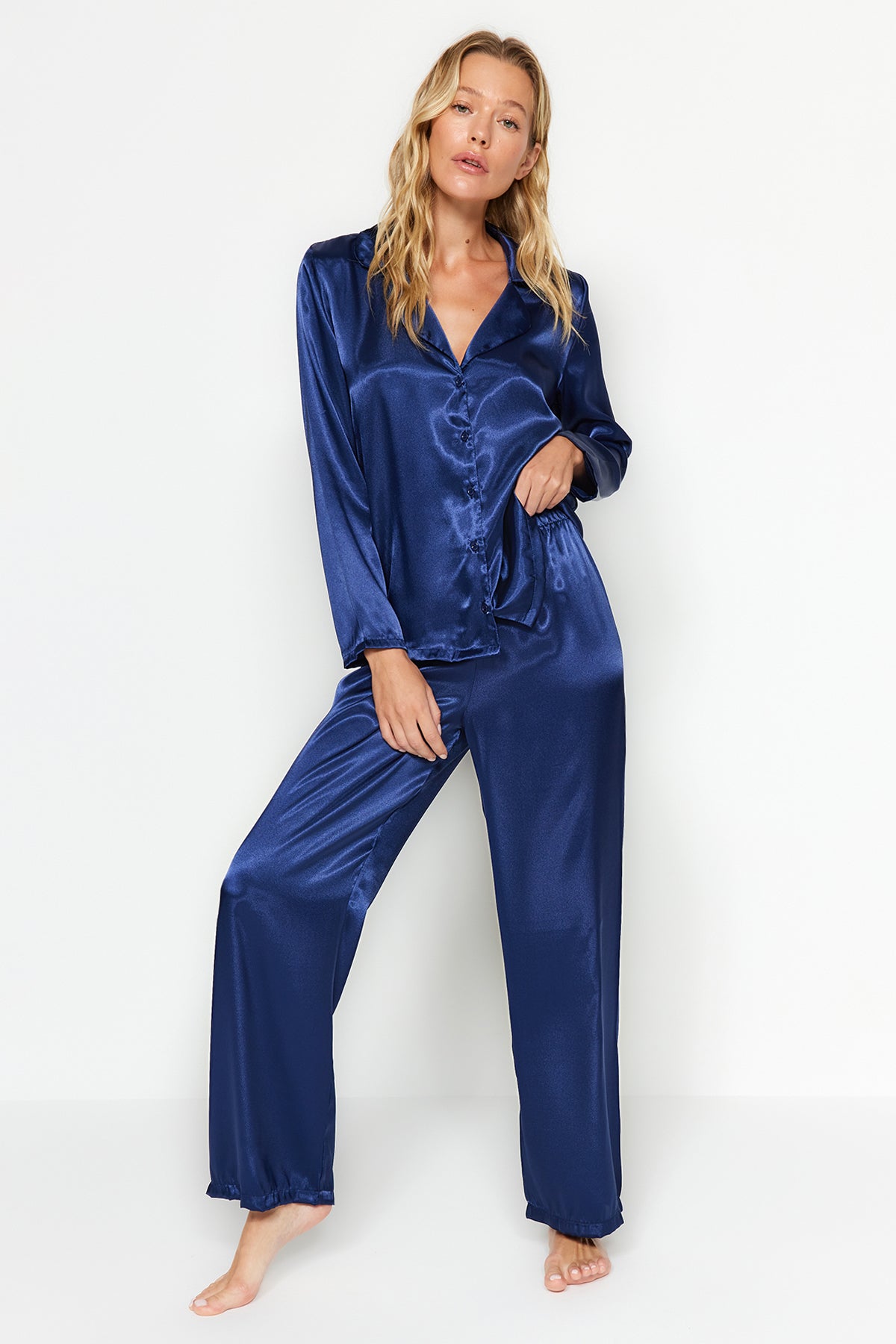 Lacivert Saten Gömlek-Pantolon Dokuma Pijama Takımı THMAW24PT00026